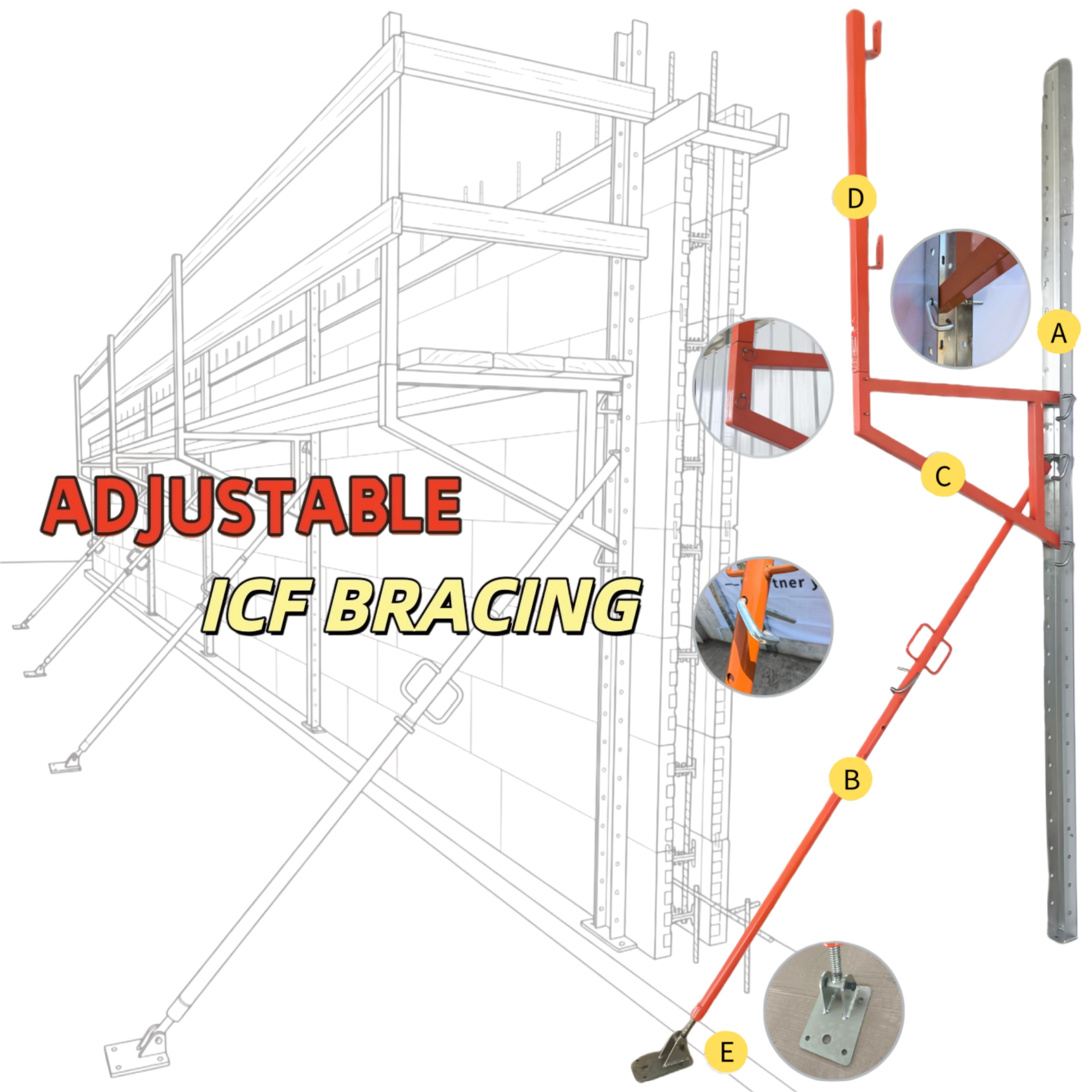 Standard ICF Bracing System Components | Strongback, Adjustable Leg, Platform Bracket & Safety Rail
